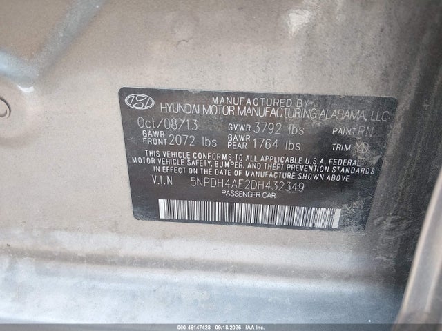 Продажа на аукционе авто 2013 Hyundai Elantra Gls, vin: 5NPDH4AE2DH432349, номер лота: 46147428
