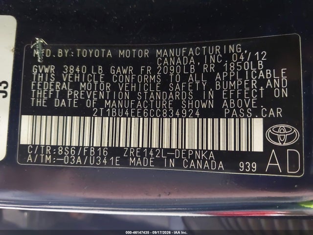 Aukcja sprzedaży 2012 Toyota Corolla Le, vin: 2T1BU4EE6CC834924, numer aukcji: 46147435
