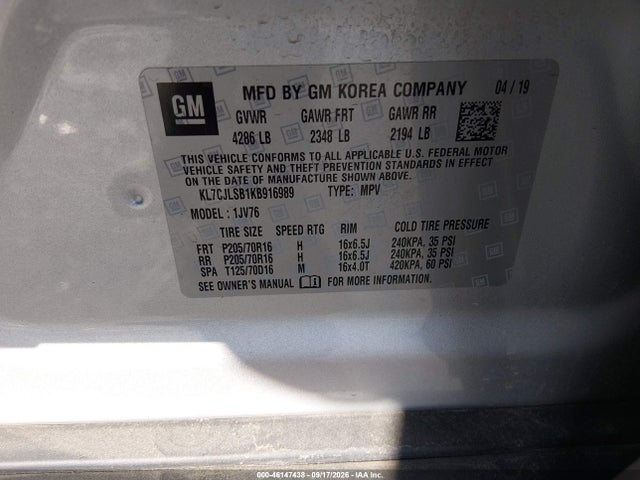 46147438 :رقم المزاد ، KL7CJLSB1KB916989 vin ، 2019 Chevrolet Trax Lt مزاد بيع