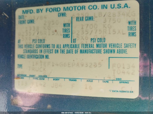 Продаж на аукціоні авто 1984 Ford F150, vin: 1FTEF14G6EPA93235, номер лоту: 46147442