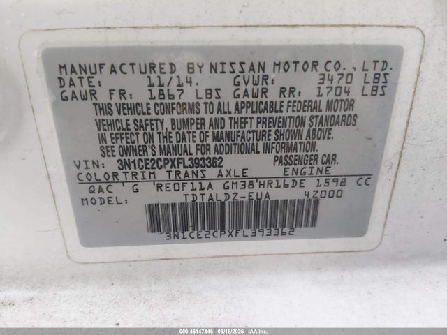 Aukcja sprzedaży 2015 Nissan Versa Note S (sr)/s Plus/sl/sr/sv, vin: 3N1CE2CPXFL393362, numer aukcji: 46147446