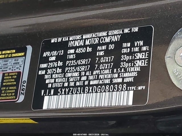 46147468 :رقم المزاد ، 5XYZU3LBXDG080398 vin ، 2013 Hyundai Santa Fe Sport مزاد بيع