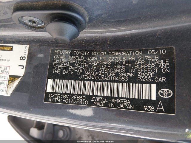 46147486 :رقم المزاد ، JTDKN3DUXA0184583 vin ، 2010 Toyota Prius Ii مزاد بيع