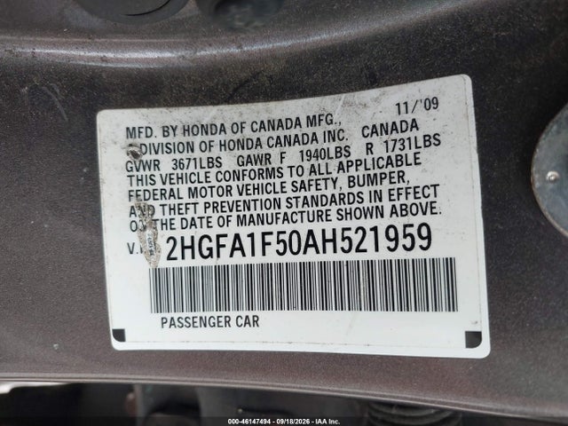 Auction sale of the 2010 Honda Civic Lx, vin: 2HGFA1F50AH521959, lot number: 46147494