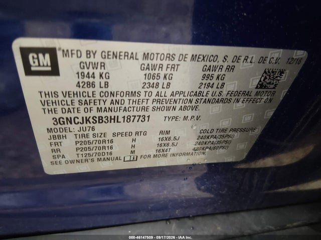 46147509 :رقم المزاد ، 3GNCJKSB3HL187731 vin ، 2017 Chevrolet Trax Ls مزاد بيع