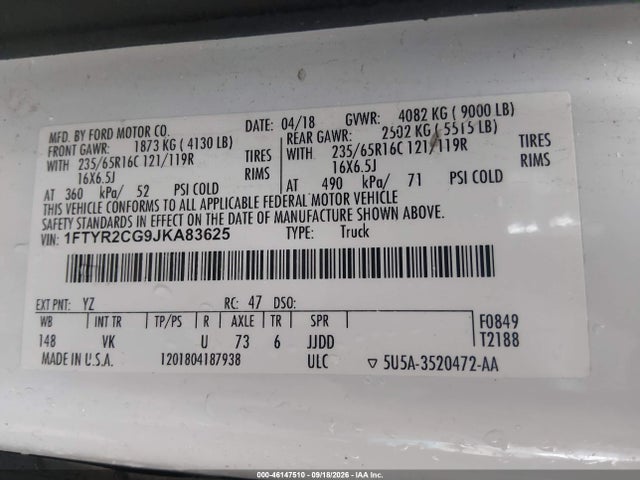 2018 Ford Transit-250 მანქანა იყიდება აუქციონზე, vin: 1FTYR2CG9JKA83625, აუქციონის ნომერი: 46147510