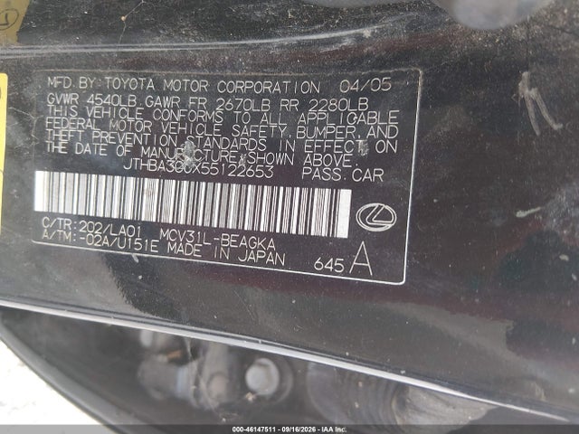 Продаж на аукціоні авто 2005 Lexus Es 330, vin: JTHBA30GX55122653, номер лоту: 46147511