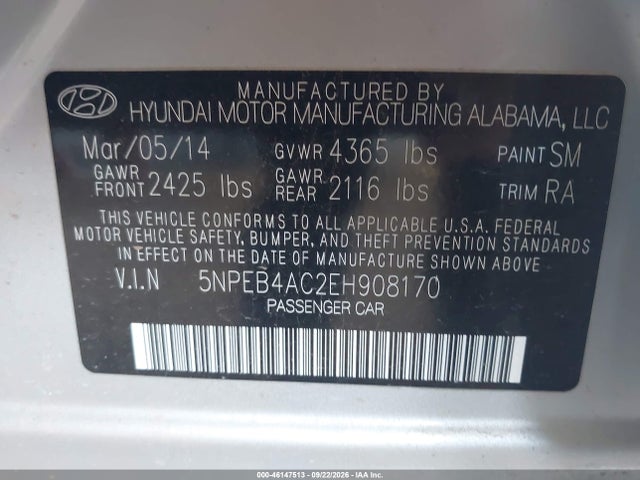 2014 Hyundai Sonata Gls მანქანა იყიდება აუქციონზე, vin: 5NPEB4AC2EH908170, აუქციონის ნომერი: 46147513