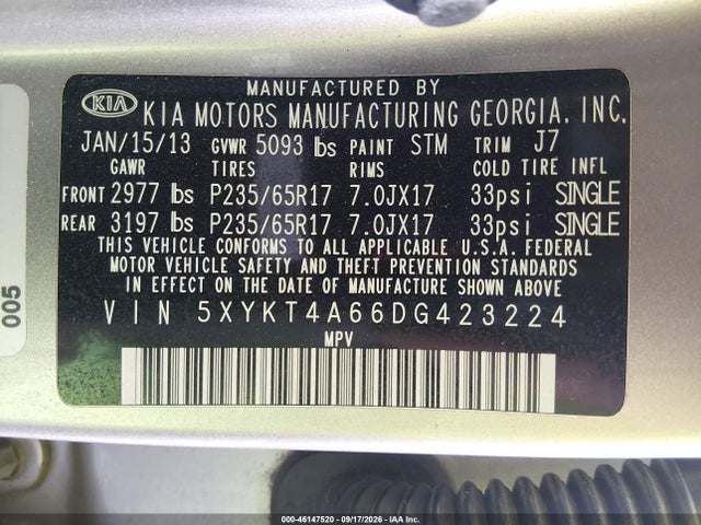 46147520 :رقم المزاد ، 5XYKT4A66DG423224 vin ، 2013 Kia Sorento Lx مزاد بيع