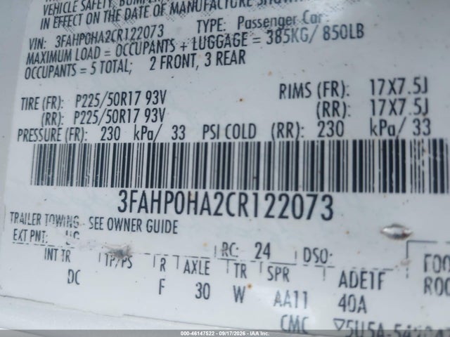 Продажа на аукционе авто 2012 Ford Fusion Se, vin: 3FAHP0HA2CR122073, номер лота: 46147522
