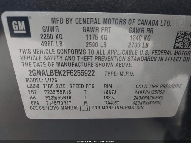 Chevrolet EQUINOX 1LT 2015 2GNALBEK2F6255922 Image 9