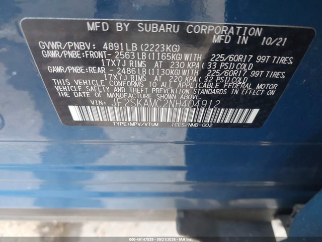 Продаж на аукціоні авто 2022 Subaru Forester Wilderness, vin: JF2SKAMC2NH404912, номер лоту: 46147539