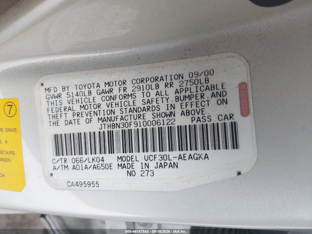 46147543 :رقم المزاد ، JTHBN30F910006122 vin ، 2001 Lexus Ls 430 مزاد بيع
