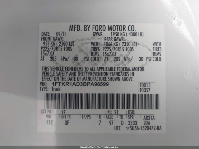 Продажа на аукционе авто 2011 Ford Ranger Xl, vin: 1FTKR1AD3BPA98599, номер лота: 46147547