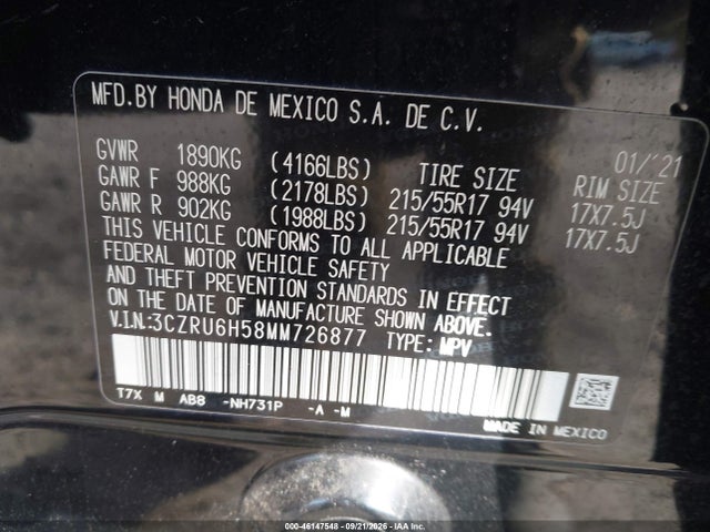 2021 Honda Hr-v Ex მანქანა იყიდება აუქციონზე, vin: 3CZRU6H58MM726877, აუქციონის ნომერი: 46147548