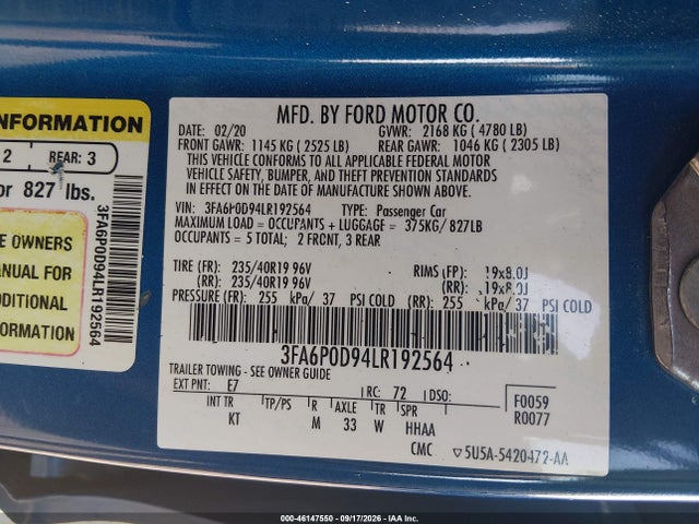 2020 Ford Fusion Titanium მანქანა იყიდება აუქციონზე, vin: 3FA6P0D94LR192564, აუქციონის ნომერი: 46147550