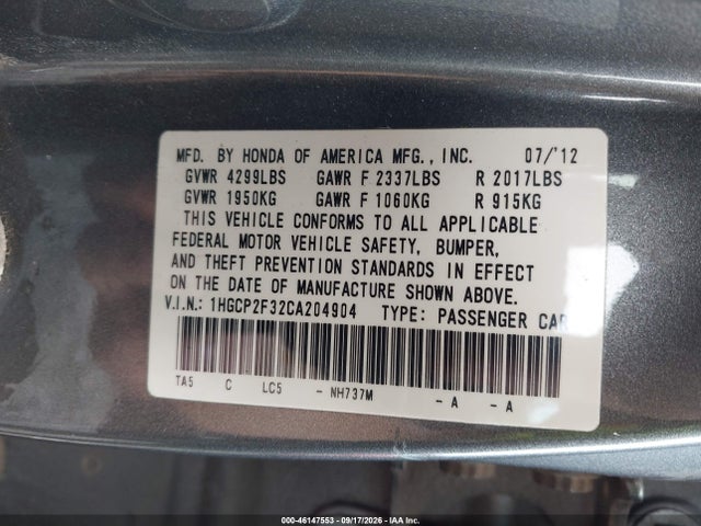 Aukcja sprzedaży 2012 Honda Accord 2.4 Lx, vin: 1HGCP2F32CA204904, numer aukcji: 46147553