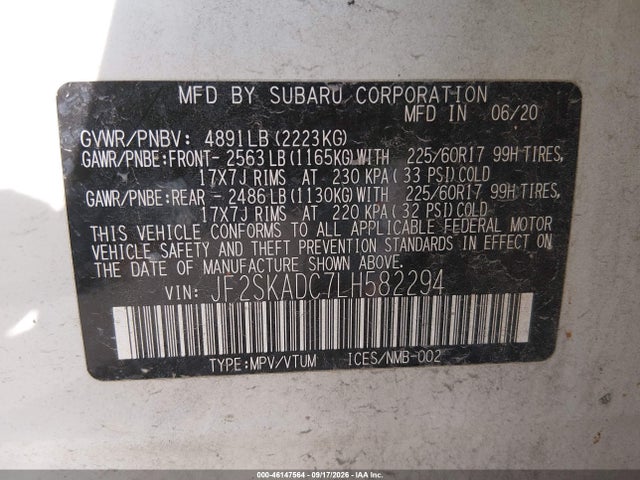 Aukcja sprzedaży 2020 Subaru Forester, vin: JF2SKADC7LH582294, numer aukcji: 46147564