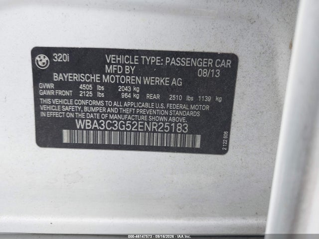 Aukcja sprzedaży 2014 Bmw 320i Xdrive, vin: WBA3C3G52ENR25183, numer aukcji: 46147573