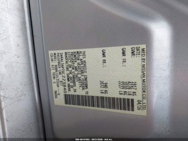 Продажа на аукционе авто 2016 Nissan Altima 2.5 Sv, vin: 1N4AL3AP7GC223840, номер лота: 46147582