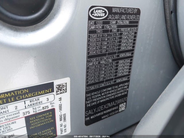 Продаж на аукціоні авто 2021 Land Rover Range Rover Velar P250 S, vin: SALYJ2EX2MA298920, номер лоту: 46147594