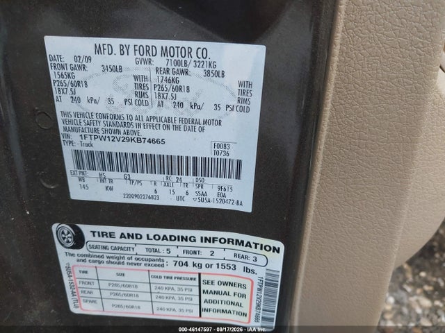 Aukcja sprzedaży 2009 Ford F-150 King Ranch/lariat/platinum/xl/xlt, vin: 1FTPW12V29KB74665, numer aukcji: 46147597