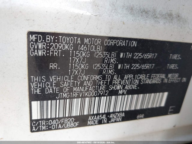 46147602 :رقم المزاد ، JTMG1RFV1KD007912 vin ، 2019 Toyota Rav4 Le مزاد بيع