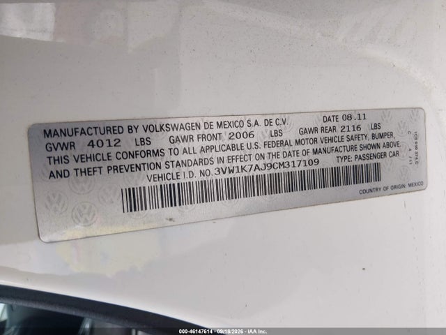 46147614 :رقم المزاد ، 3VW1K7AJ9CM317109 vin ، 2012 Volkswagen Jetta 2.0l S مزاد بيع