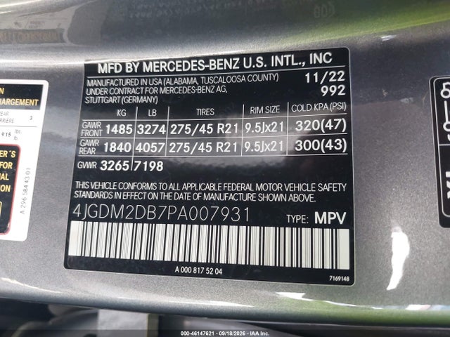 Продаж на аукціоні авто 2023 Mercedes-benz Eqs 450+ Suv, vin: 4JGDM2DB7PA007931, номер лоту: 46147621