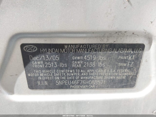 46147665 :رقم المزاد ، 5NPEU46F76H088571 vin ، 2006 Hyundai Sonata Gls V6/lx V6 مزاد بيع