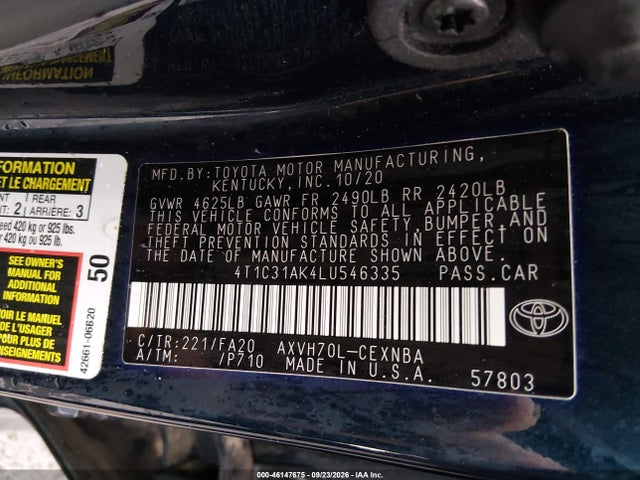 46147675 :رقم المزاد ، 4T1C31AK4LU546335 vin ، 2020 Toyota Camry Le Hybrid مزاد بيع
