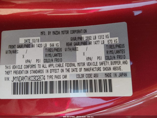 46147692 :رقم المزاد ، JM1NDAM7XK0302874 vin ، 2019 Mazda Mx-5 Miata Rf Grand Touring مزاد بيع