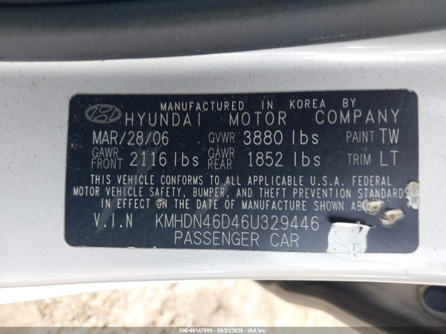 46147698 :رقم المزاد ، KMHDN46D46U329446 vin ، 2006 Hyundai Elantra Gls/limited مزاد بيع