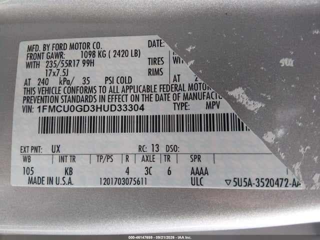Aukcja sprzedaży 2017 Ford Escape Se, vin: 1FMCU0GD3HUD33304, numer aukcji: 46147699