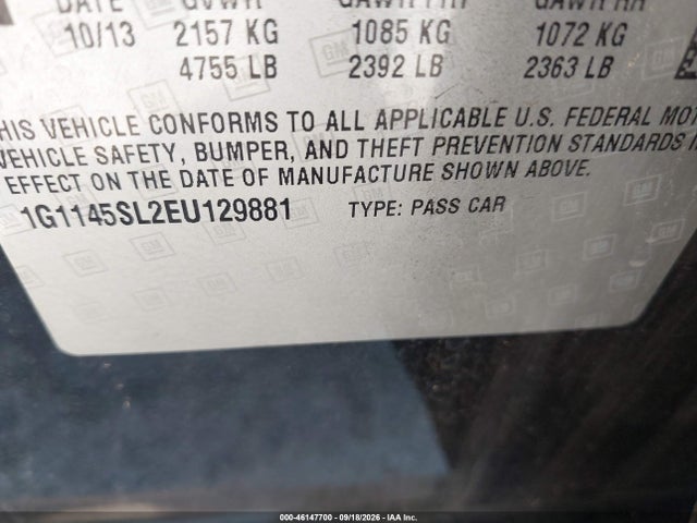 46147700 :رقم المزاد ، 1G1145SL2EU129881 vin ، 2014 Chevrolet Impala 1lz مزاد بيع