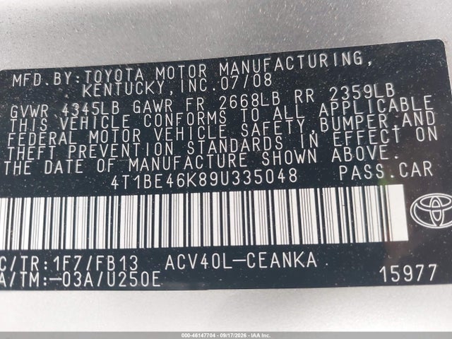 Продаж на аукціоні авто 2009 Toyota Camry Le, vin: 4T1BE46K89U335048, номер лоту: 46147704