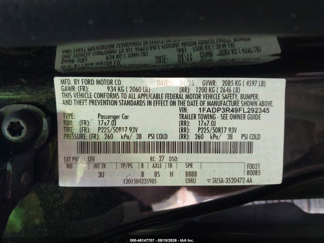 2015 Ford Focus Electric მანქანა იყიდება აუქციონზე, vin: 1FADP3R49FL292345, აუქციონის ნომერი: 46147707