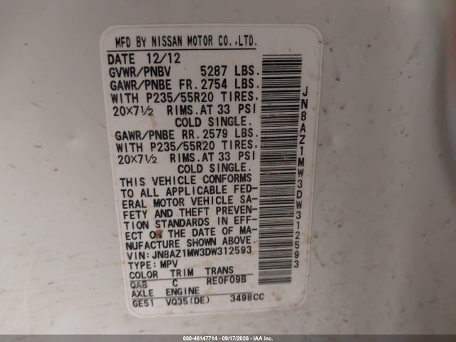 46147714 :رقم المزاد ، JN8AZ1MW3DW312593 vin ، 2013 Nissan Murano Le مزاد بيع