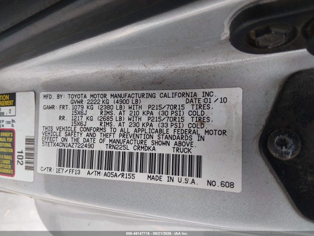 Aukcja sprzedaży 2010 Toyota Tacoma, vin: 5TETX4CN1AZ722490, numer aukcji: 46147716