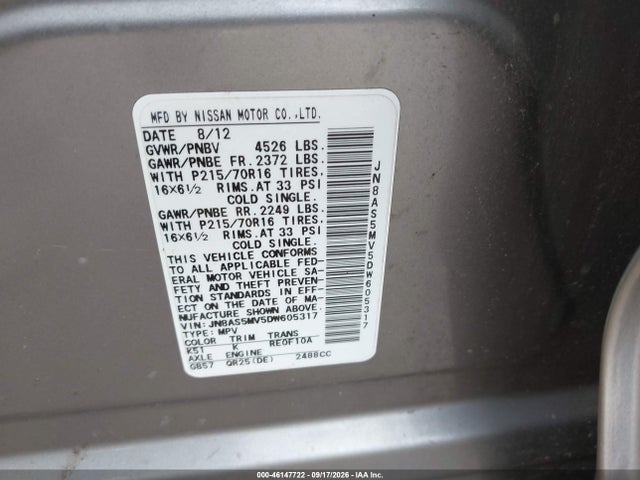 2013 Nissan Rogue S მანქანა იყიდება აუქციონზე, vin: JN8AS5MV5DW605317, აუქციონის ნომერი: 46147722