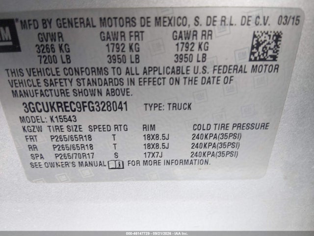 Продаж на аукціоні авто 2015 Chevrolet Silverado 1500 1lt, vin: 3GCUKREC9FG328041, номер лоту: 46147729