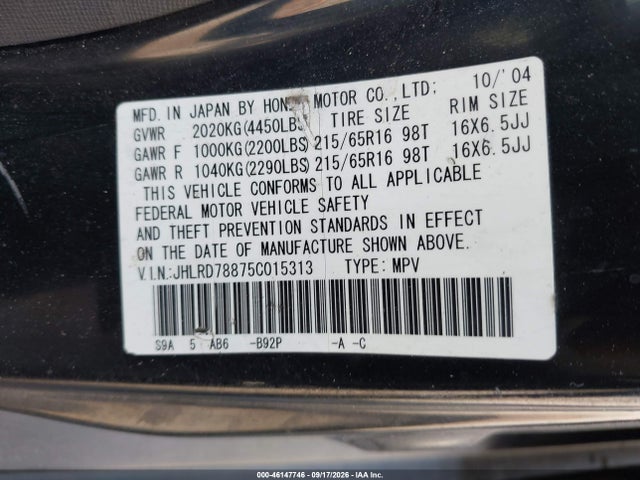 Aukcja sprzedaży 2005 Honda Cr-v Ex, vin: JHLRD78875C015313, numer aukcji: 46147746