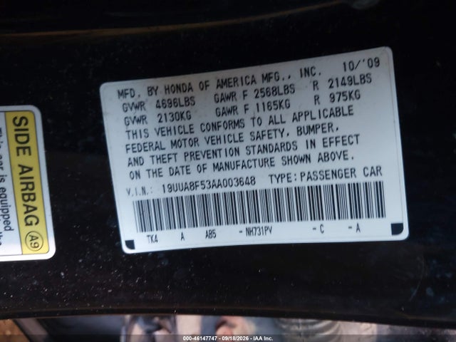 46147747 :رقم المزاد ، 19UUA8F53AA003648 vin ، 2010 Acura Tl 3.5 مزاد بيع