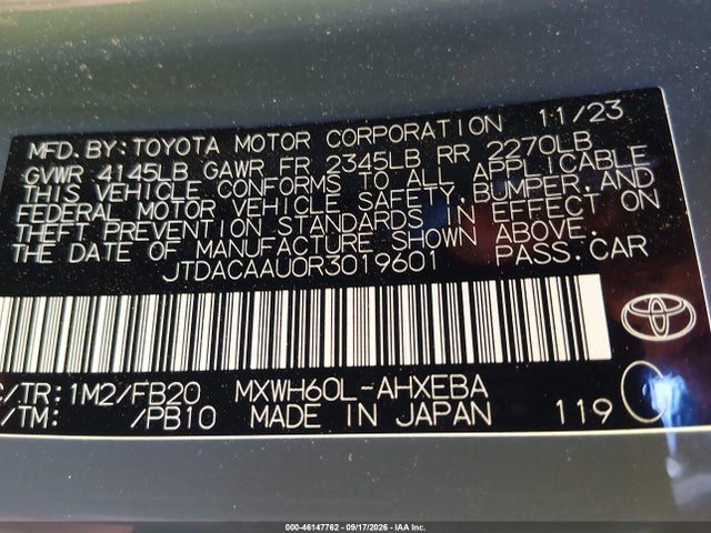46147762 :رقم المزاد ، JTDACAAU0R3019601 vin ، 2024 Toyota Prius Le مزاد بيع