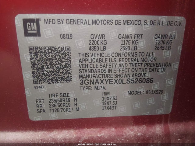 46147767 :رقم المزاد ، 3GNAXYEX0LS526086 vin ، 2020 Chevrolet Equinox Awd Premier 2.0l Turbo مزاد بيع