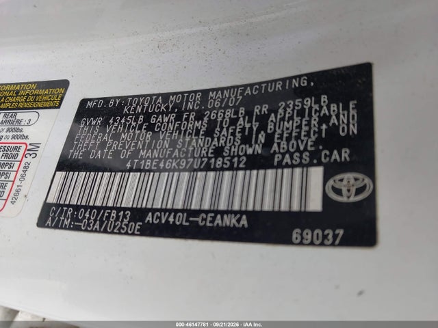 2007 Toyota Camry Le მანქანა იყიდება აუქციონზე, vin: 4T1BE46K97U718512, აუქციონის ნომერი: 46147781