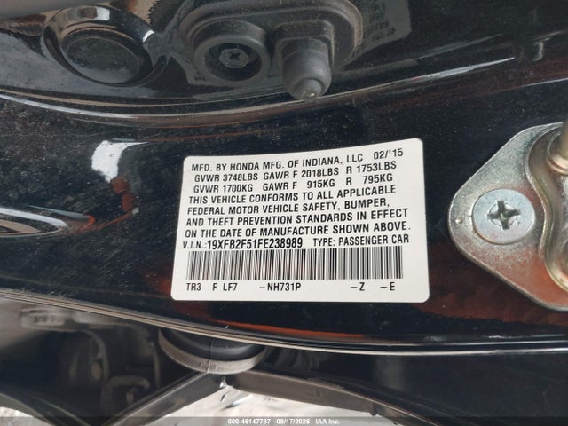 Honda Civic Lx 2015 19XFB2F51FE238989 Image 9