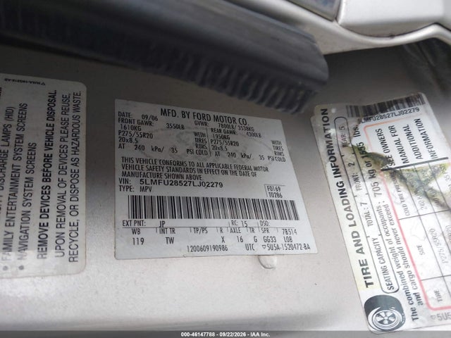 Продаж на аукціоні авто 2007 Lincoln Navigator Ultimate, vin: 5LMFU28527LJ02279, номер лоту: 46147788