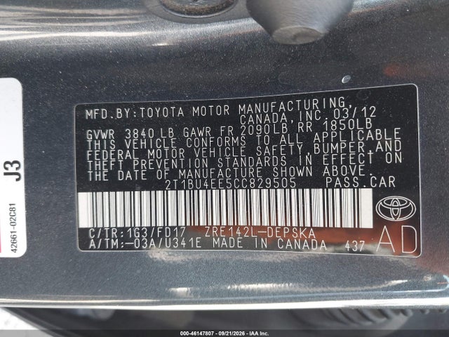 46147807 :رقم المزاد ، 2T1BU4EE5CC829505 vin ، 2012 Toyota Corolla S مزاد بيع