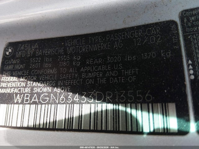 Aukcja sprzedaży 2003 Bmw 745 Li, vin: WBAGN63433DR13556, numer aukcji: 46147820